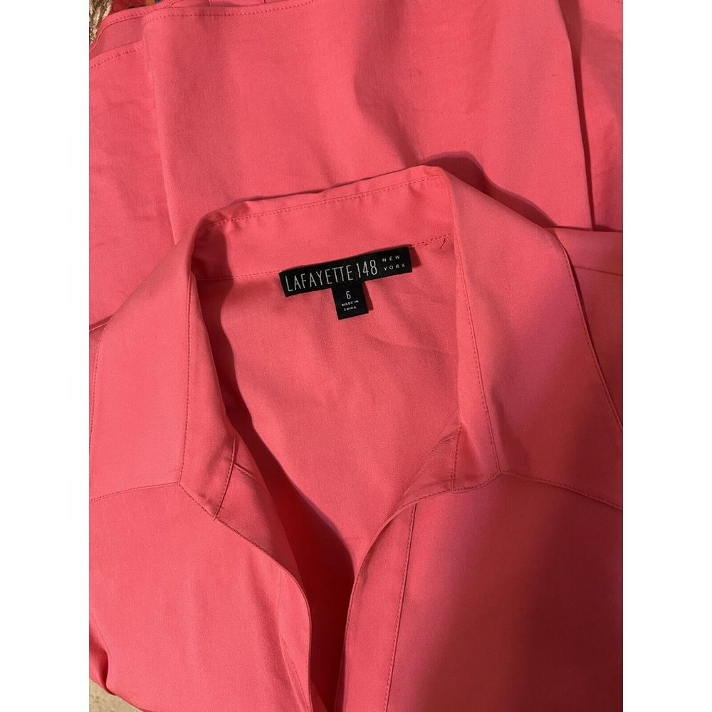 Lafayette 148 NY Shirt Coral 6 Small Short Ruched Sleeve Stretch Cotton - Picture 5 of 10